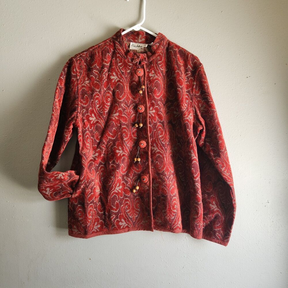 Women's Red Paisley Button-Front Jacket - Picture 9 of 10